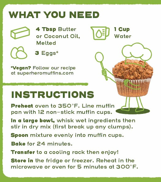 Recipe card for making Superhero Muffins Apple Cinnamon Muffin Mix with ingredients and instructions.