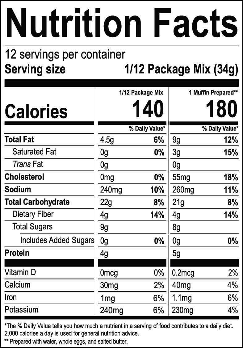 Nutrition facts label for Superhero Muffins Apple Cinnamon Muffin Mix with serving size, calories, and nutritional content details.