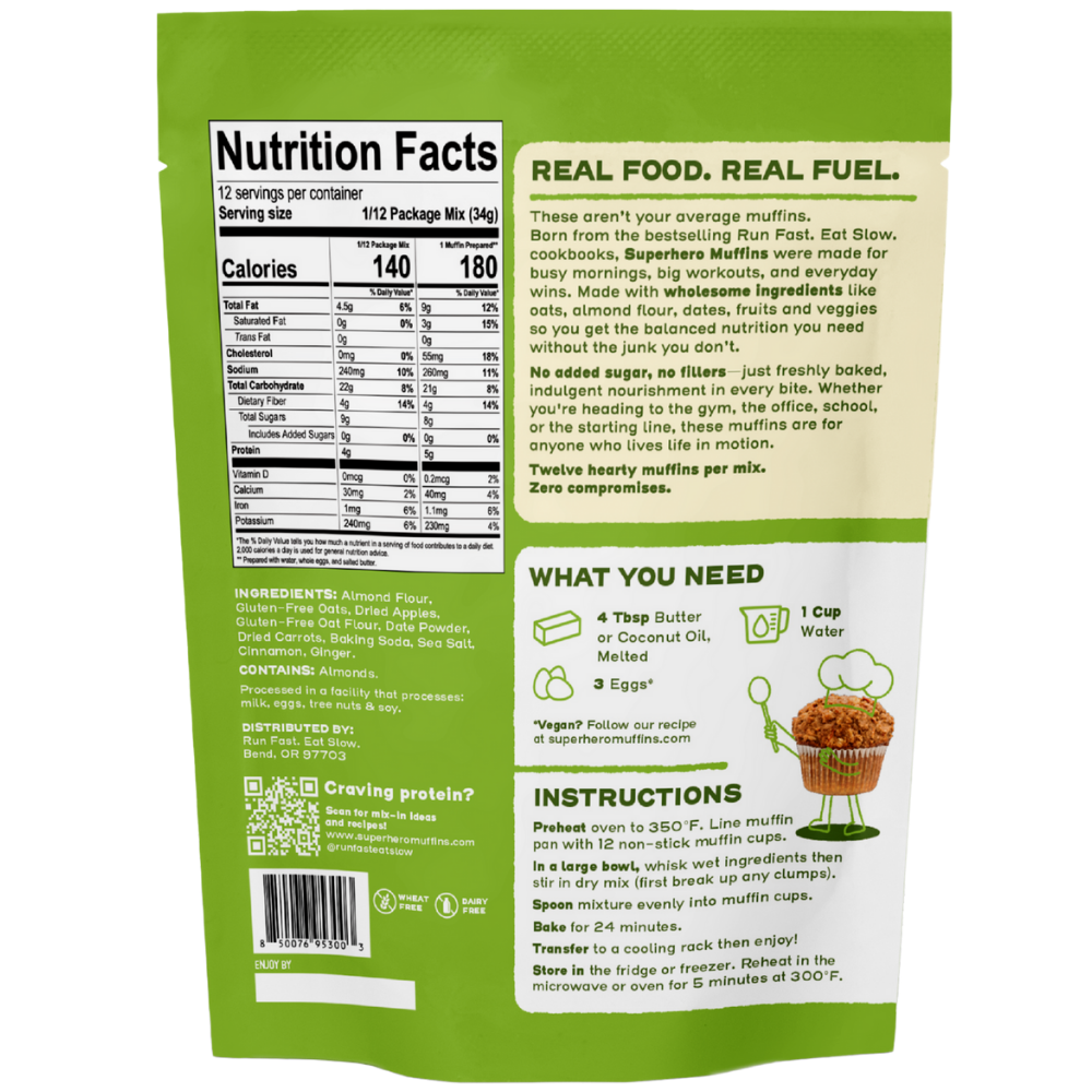 Green back packaging of Superhero Muffins Apple Cinnamon Muffin Mix with a muffin illustration on a transparent background