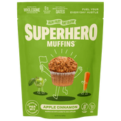 Green front packaging of Superhero Muffins Apple Cinnamon Muffin Mix with a muffin illustration on a transparent background