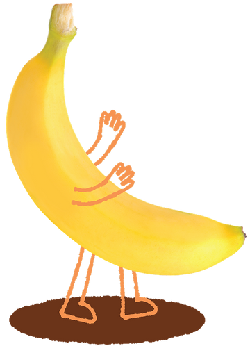 Superhero Muffins Banana Mascot with brown arms and legs standing on a brown circle