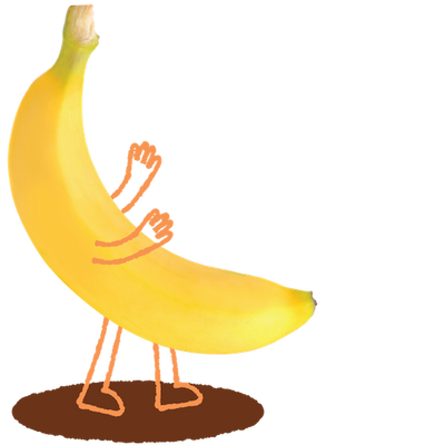 Superhero Muffins Banana Mascot with brown arms and legs standing on a brown circle