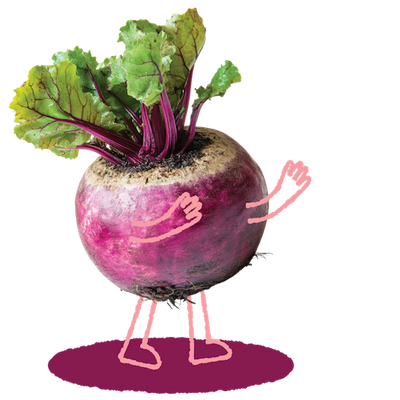 Superhero Muffins Beet Mascot with pink arms and legs standing on a pink circle