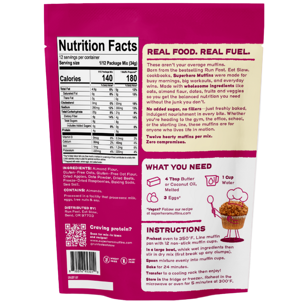 Pink back packaging of Superhero Muffins Berry Beet Muffin Mix with a muffin illustration on a transparent background