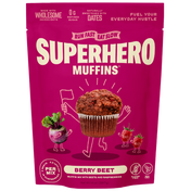 Pink front packaging of Superhero Muffins Berry Beet Muffin Mix with a muffin illustration on a transparent background