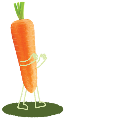 Superhero Muffins Carrot Mascot with green arms and legs standing on a green circle