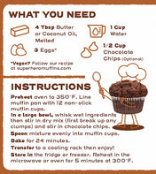Recipe card for making Superhero Muffins Chocolate Banana Muffin Mix with ingredients and instructions.