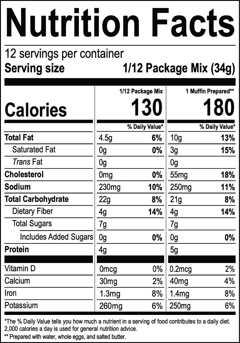 Nutrition facts label for Superhero Muffins Chocolate Banana Muffin Mix with serving size, calories, and nutritional content details.
