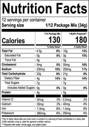 Nutrition facts label for Superhero Muffins Chocolate Banana Muffin Mix with serving size, calories, and nutritional content details.