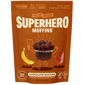 Brown front packaging of Superhero Muffins Chocolate Banana Muffin Mix with a muffin illustration on a transparent background