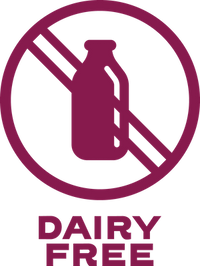 Dairy free symbol with a pink circle and diagonal line through it on a transparent background.