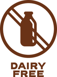 Dairy free symbol with a dark brown circle and diagonal line through it on a transparent background.