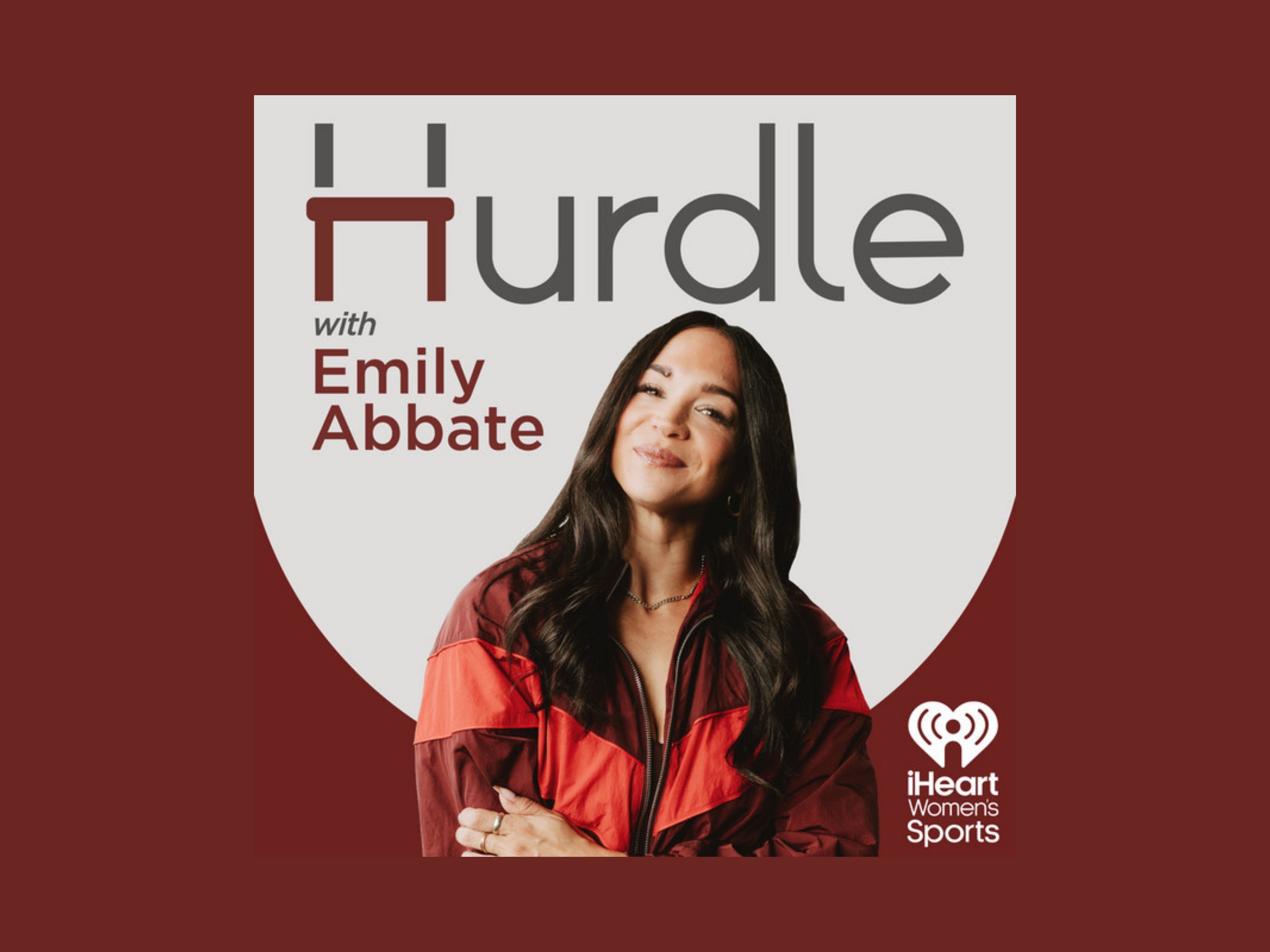 Hurdle podcast logo with Emily Abbate on red background