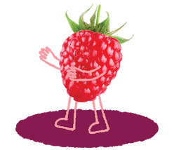 Superhero Muffins Raspberry Mascot with pink arms and legs standing on a pink circle