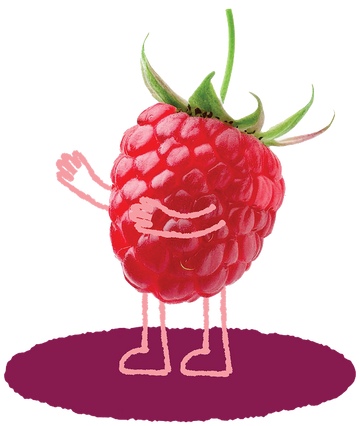 Superhero Muffins Raspberry Mascot with pink arms and legs standing on a pink circle