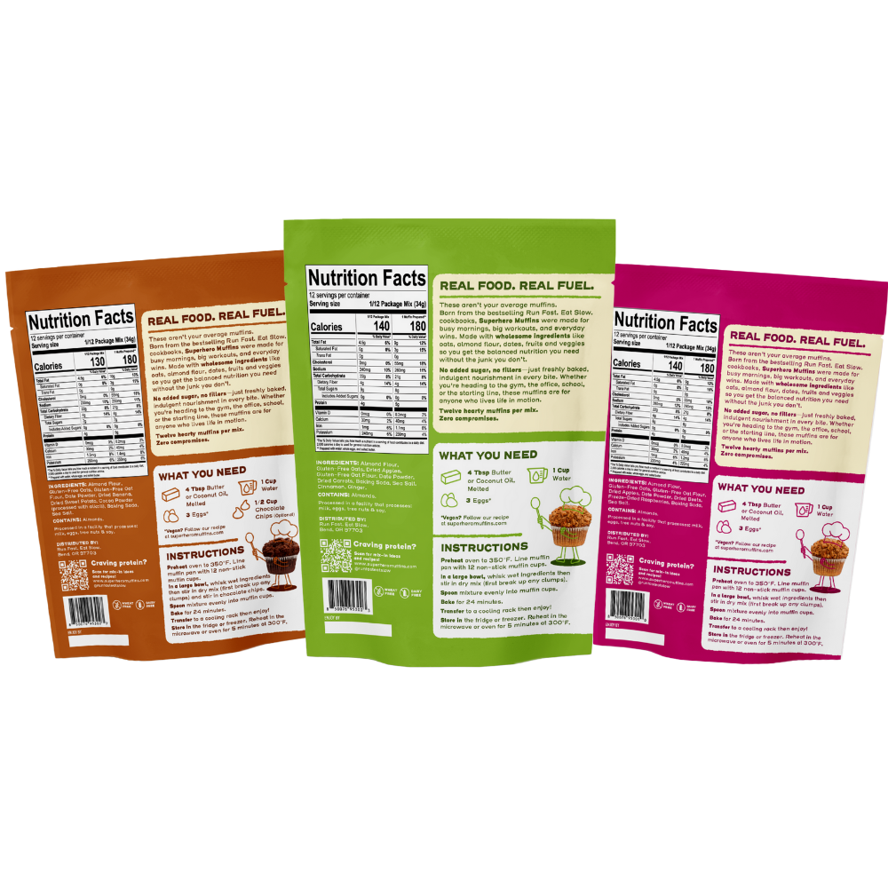 Multi-colored bacl packaging of Superhero Muffins Variety Pack Muffin Mixes with a muffin illustration on a transparent background