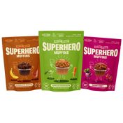 Multi-colored front packaging of Superhero Muffins Variety Pack Muffin Mixes with a muffin illustration on a transparent background